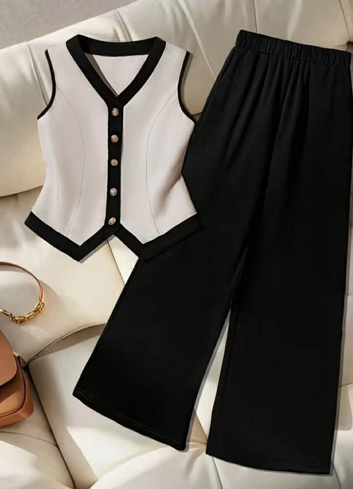 2 pcs Set: Women's Elegant Fashion Design with Contrast Color Buttons, V-Neck Sleeveless Tank Top and Solid Color Drawstring Wide-Leg Straight Pants.