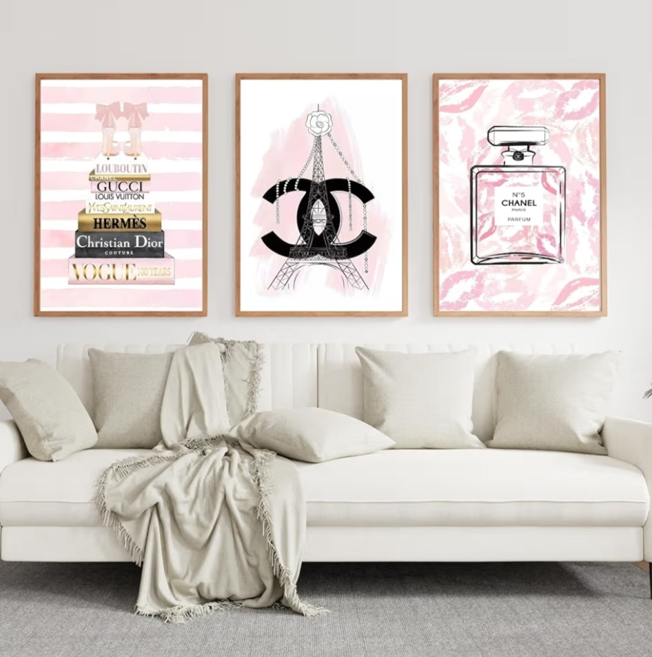Set of 3 - Mixed Brands No 5 Perfume Prints, Pink Fashion