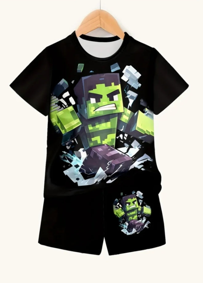 2 pcs Set, Boys Fashion Pixel Monster Casual Short-Sleeved Shorts T-Shirt