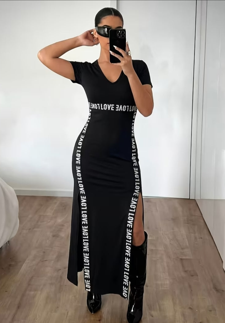 Women's Solid Color V-Neck Short Sleeve LOVE Letter High Slit Slim Fit Midi Dress.