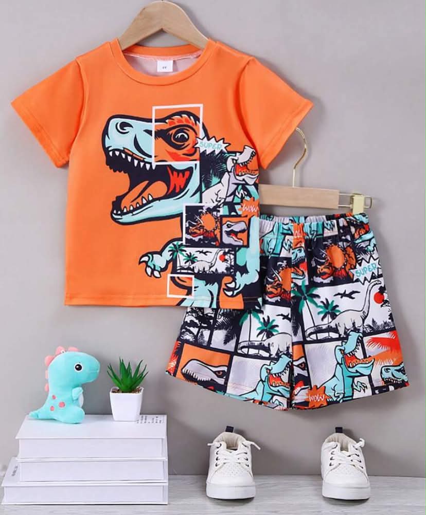 2pcs Set Toddler Boys' Colorful Dinosaur Print Short Sleeve T-Shirt And Shorts Set, Summer