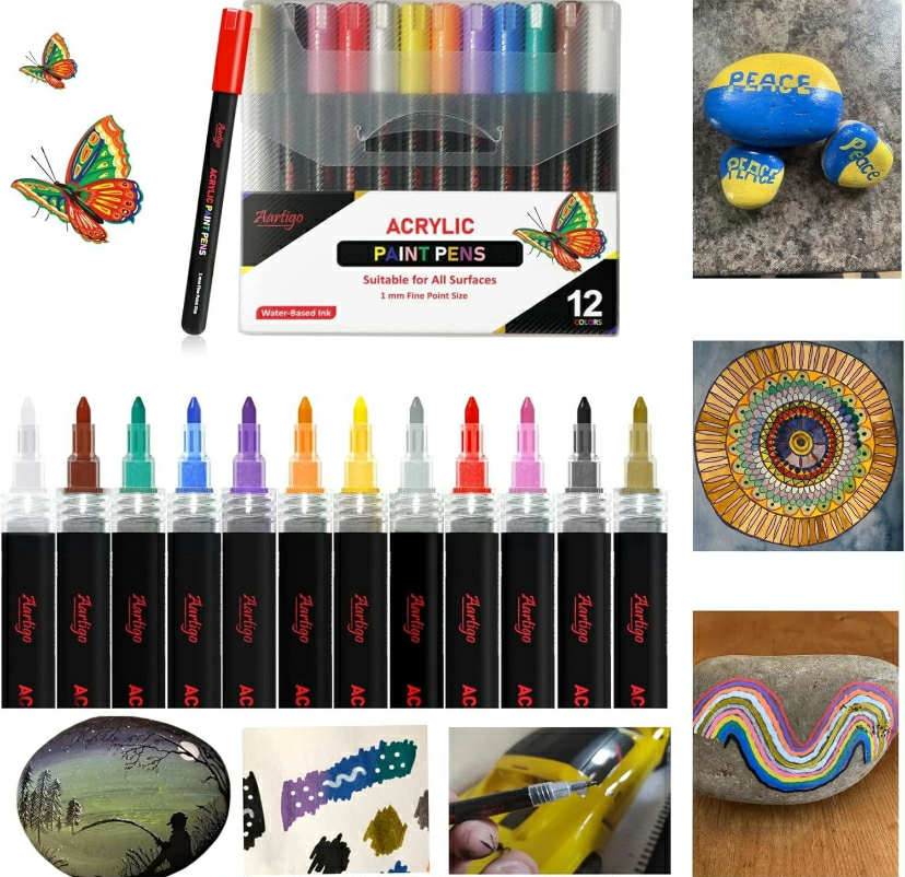 Acrylic Paint Pens Set of 12, 1 mm Tip Acrylic Paint Pens for Rock, Glass, Wood,
