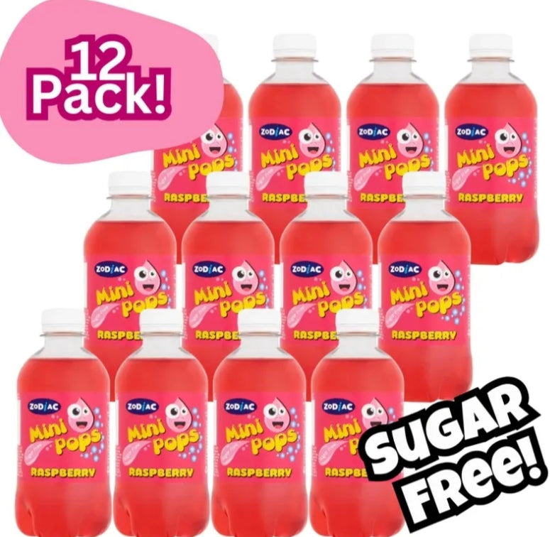 12 Pack Retro Classic Zodiac Mini Pops Raspberry Sugar Free 330ml Each – Low Calorie Fizzy Soft Drinks Multipack