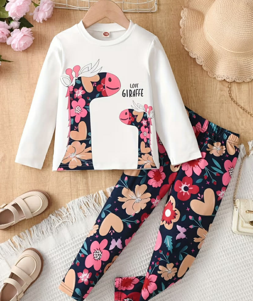Young Girl Giraffe and Floral Print Long Sleeve T-Shirt and Pants Set, Kids Spring/Autumn Casual 2pcs Outfit, Perfect for Outdoor