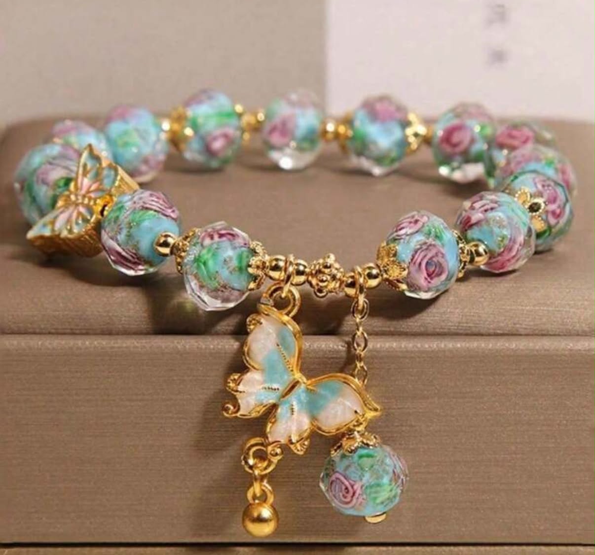Bohemian Style Pink Rose Glass Bead Bracelet With Blue Butterfly Pendant, Handmade Oil Drop Craft Skin-Friendly Jewelry, Suitable For Daily Wear And Gifts