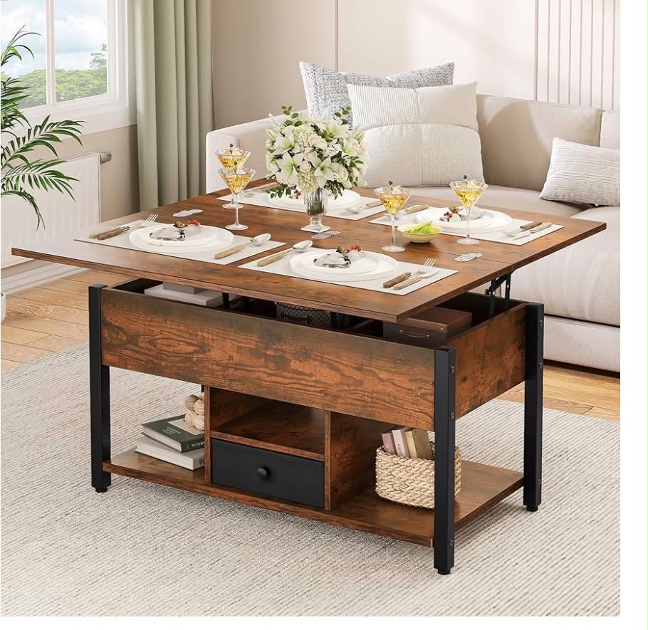 Lift Top Coffee Table with Drawers, 4 in 1 Multi-Function Liftable Coffee Table with Storage and Hidden Compartment, Converts to Dining Table for Living Room, Rustic Brown