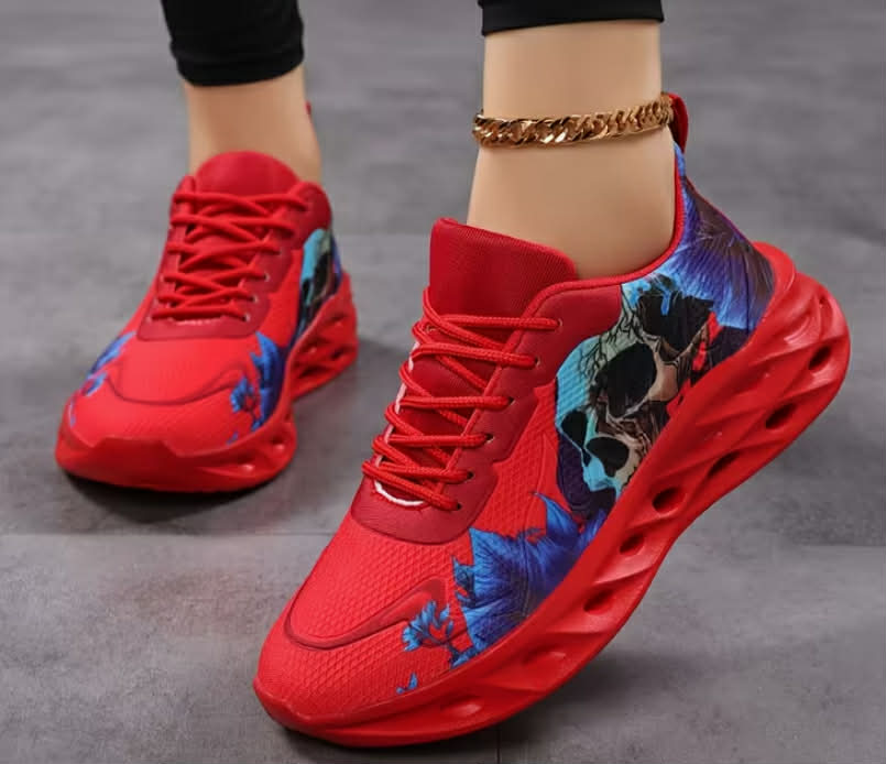 Floral Skull Design, Casual Sneakers for Couples, Women Shoes