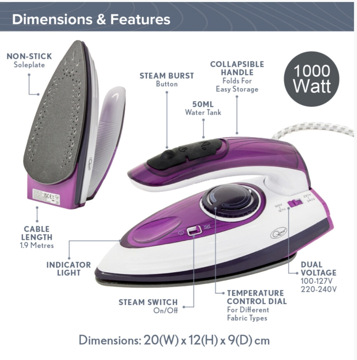Quest 34030 1000W Portable Travel Steam Iron with 50ml Water Tank
