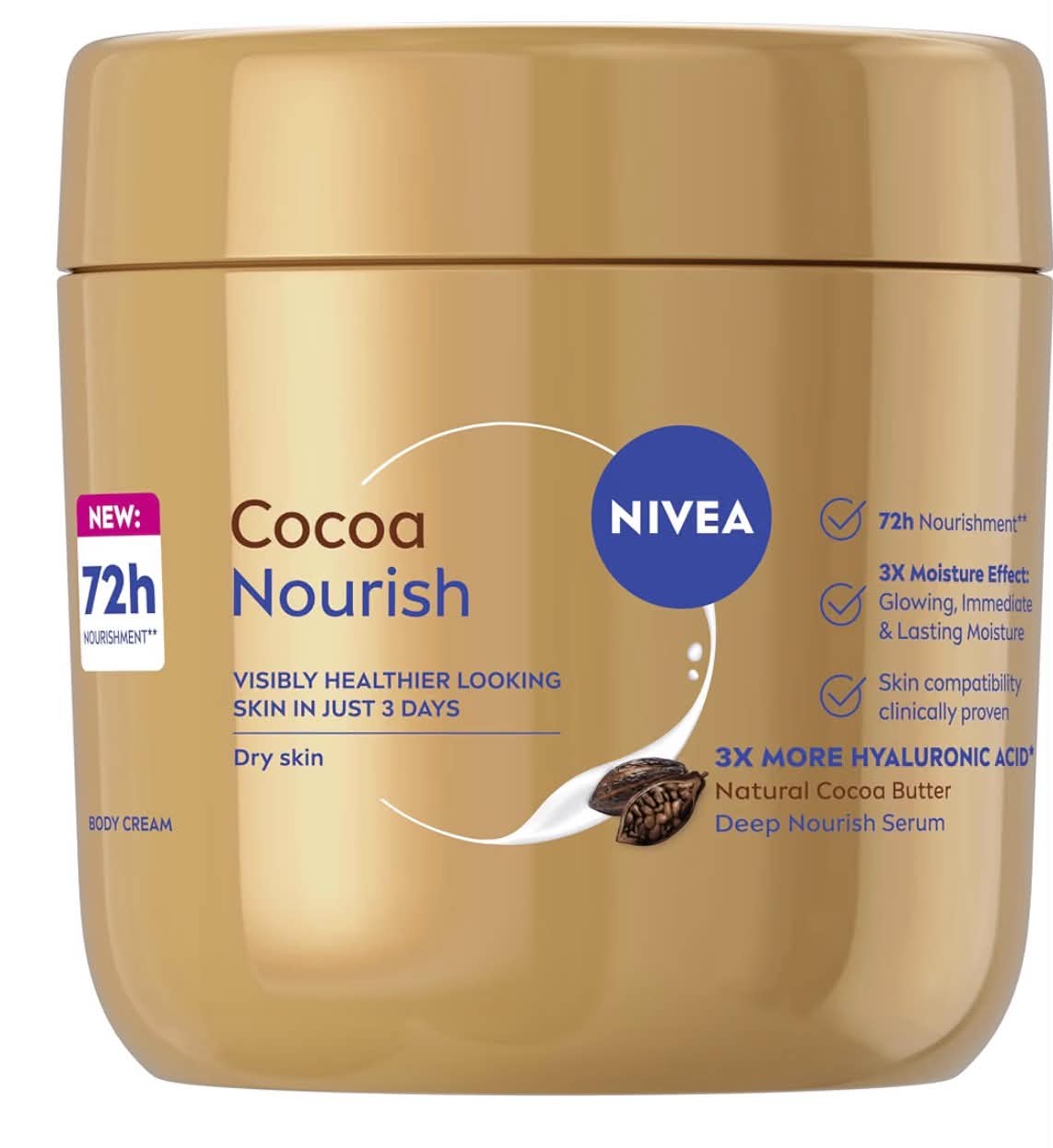 Nivea Cocoa Nourish Body Cream Jar, with 3X Hyaluronic Acid, Natural Cocoa Butter and Deep Nourishing Serum, 400ml