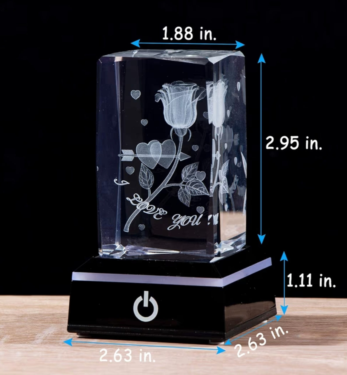 Crystal Engraved 3D Rose with I Love You Keepsake with Led Light Base,