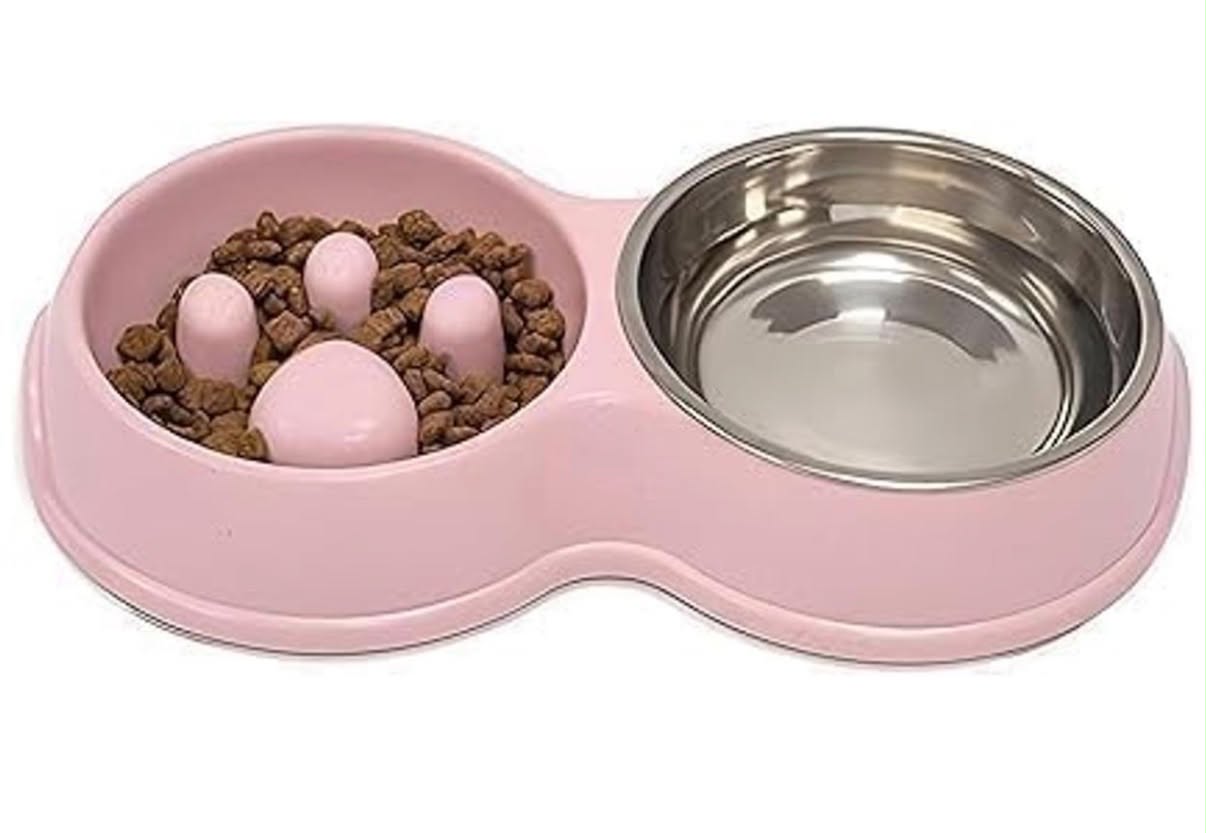 Fur & Bone Double Slow Feeder Dog Bowl Raised Dog Bowl with Non-Slip Bottom Stainless Steel Bowl Detachable Raised Cat Bowl