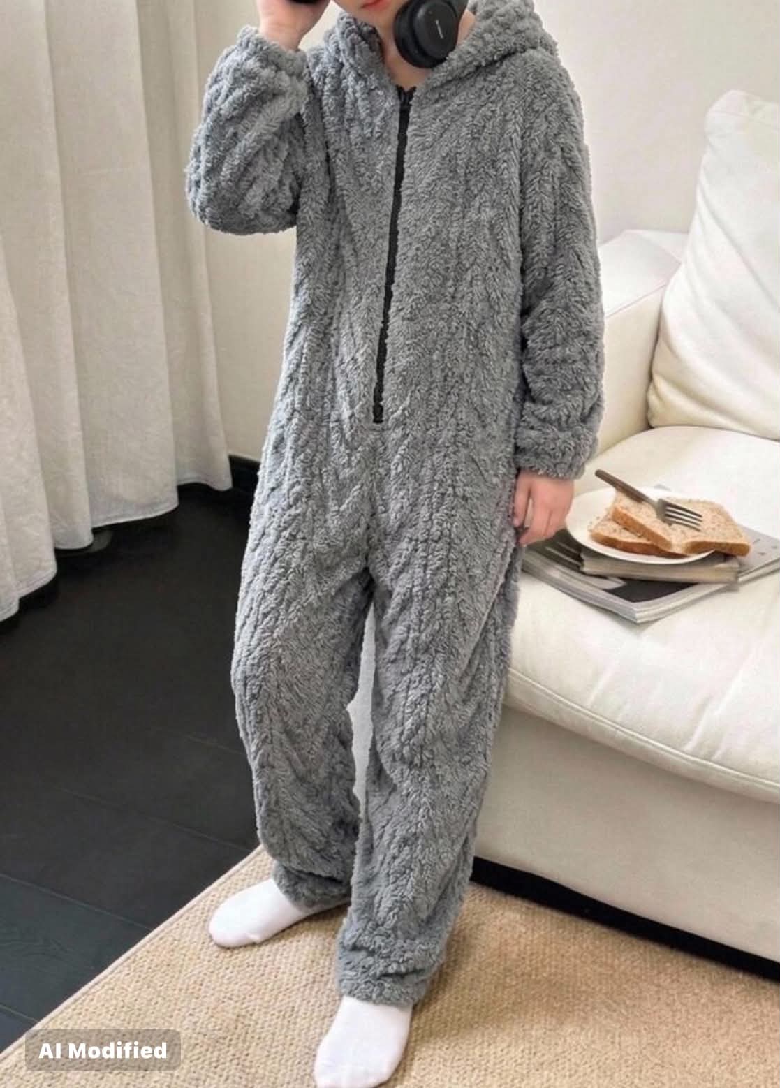 Kids Tween Boy Autumn/Winter Pattern Hooded Long Sleeve Kangaroo Pocket Fleece Long Pajamas