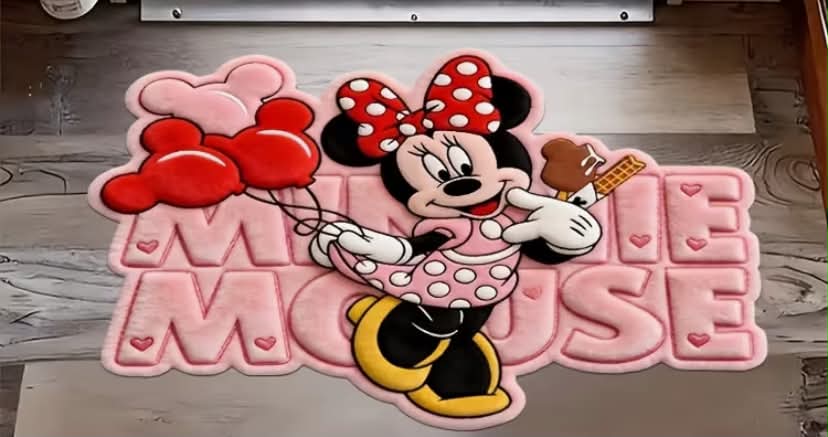 Disney Cartoon Minnie Mouse Shaped Area Door Mat, Cute Pink Non-Slip Floor Mat, Soft Flannel Decorative Rug,