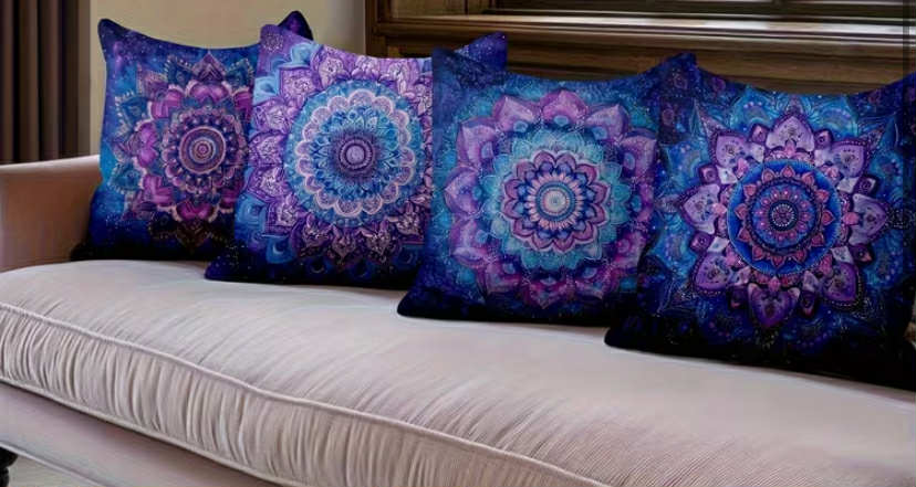 Set of 4, Bohemian Style Purple Geometric Mandala Printed Cushion Covers