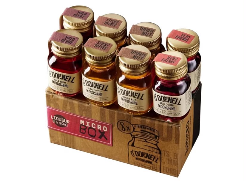 O'Donnell Moonshine – Bestsellers Collection Micro Set 8 x 20ml Tough Nut, Sticky Toffee, Very Cherry, Wild Berry Taster Liqueur Gift Set