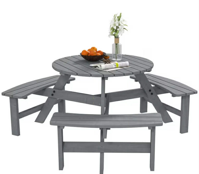 6 Seater Wooden Picnic Table and Bench Set Round Patio Dining Set with 3 Benches and Umbrella Hole Outdoor Garden Park