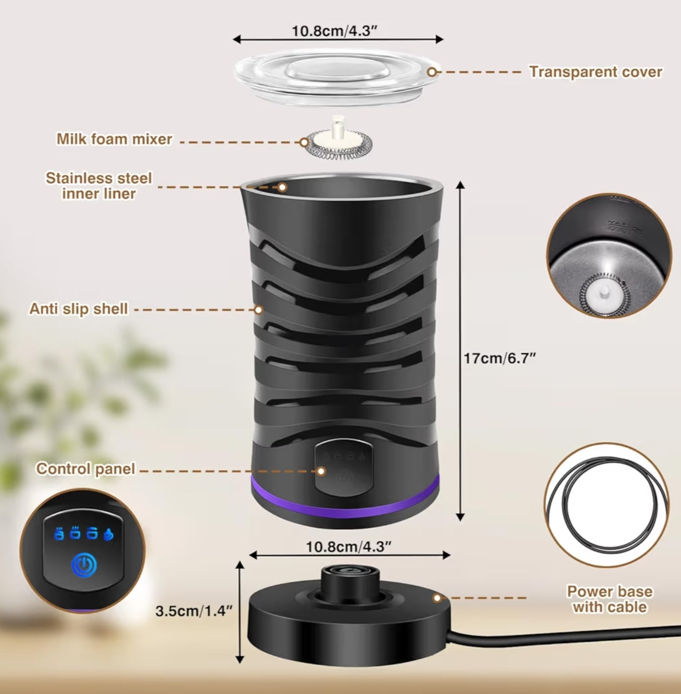 Electric Milk Warmer and Frother, 4 in 1 Automatic Frother and Milk Steamer, 600ml Large Capacity Hot and Cold Foam Maker for Coffee Latte Cappuccino, Hot Chocolate, Black