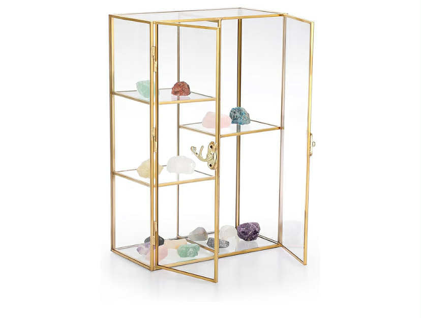 Gold Brass Glass Display Organizer Cabinet with Doule Doors and Lock