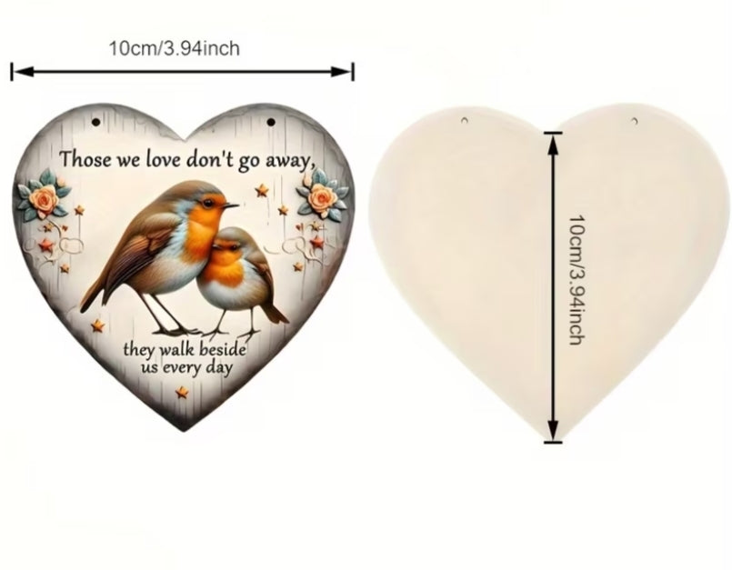 2D Flat Memorial Wooden Heart-Shaped Garden Stone with Two Wrens and Floral Design - "Those We Love Never Leave" Cemetery, Lawn Wall