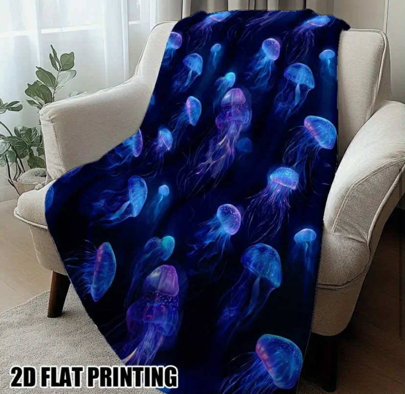 1 pc Cozy Glowing Jellyfish Repeat Art Print Flannel Throw Blanket