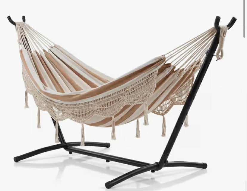 Garvee Double Hammock for Two with Stand, Bohemian Design, Portable Garden Hammock, 6 Height Adjustments, Metal Structure, Ideal for Outdoor Balconies, Patios, And Gardens, Supports Up to 204 Kg