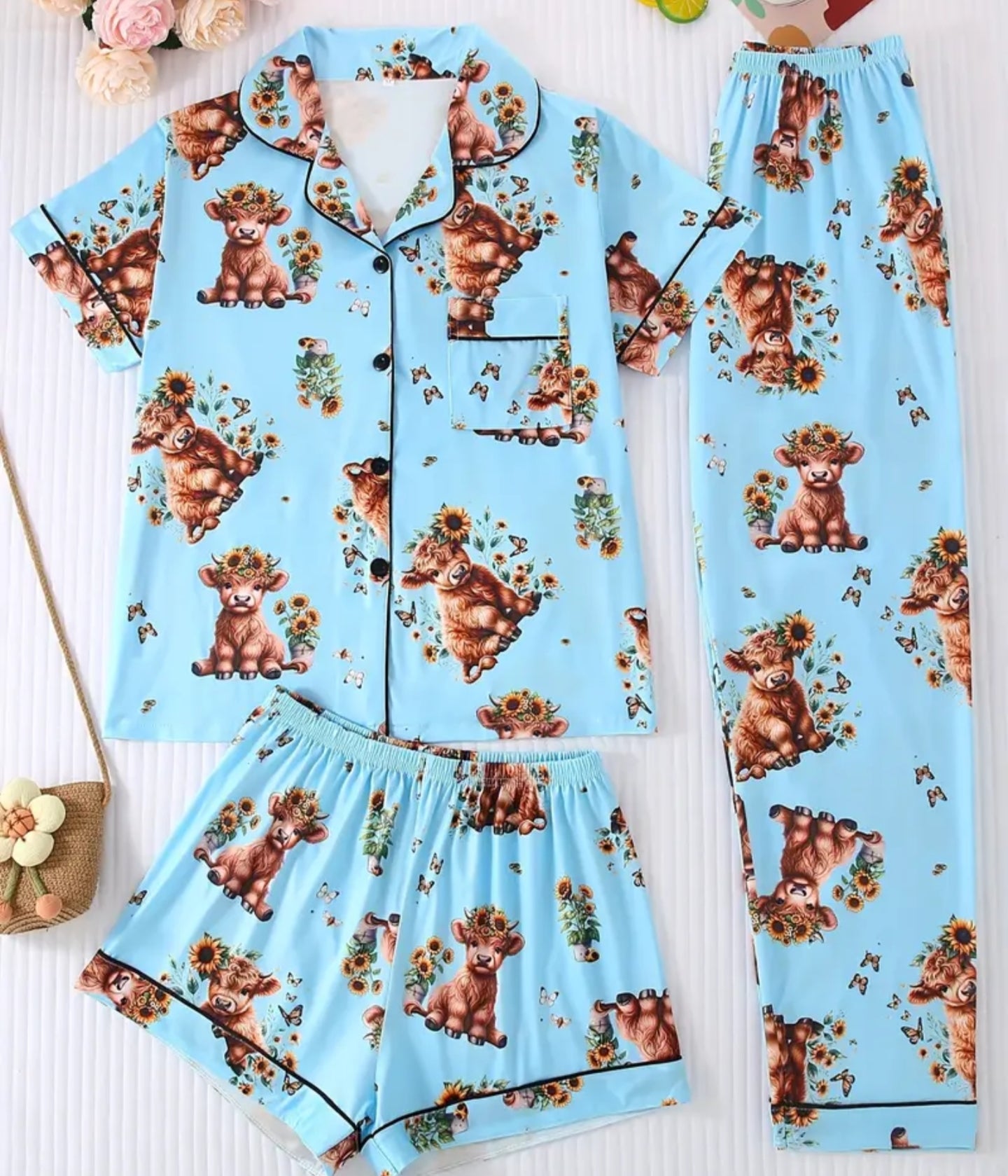 Sunflower Floral Calf Print Women's Pajama Set, Comfortable Short Sleeve Button- Shirt with Loose Elastic Waistband and Drawstring in 3 pcs Outfit for Casual Wear Indoors or Outside All Seasons