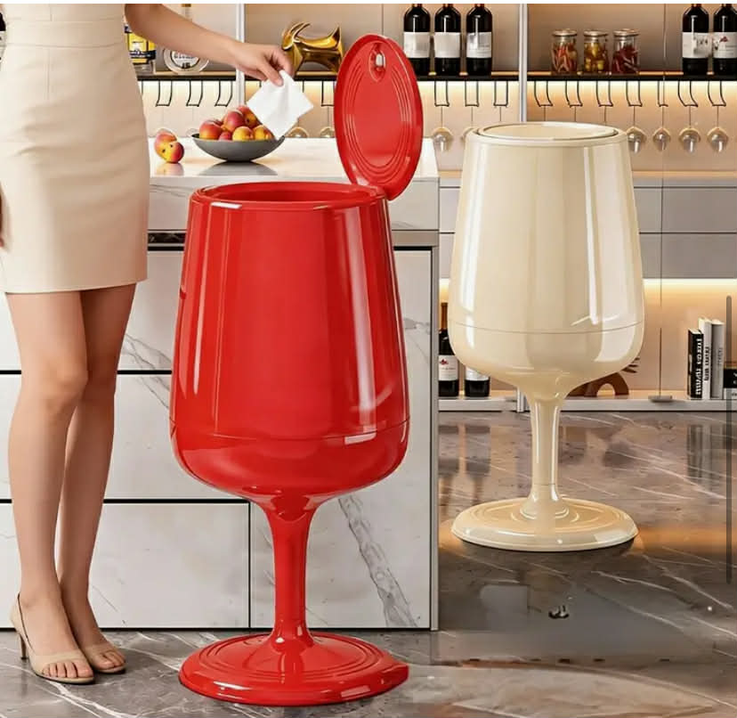 A High-Footed Wine Glass-Shaped Trash Can with a Lid, Creatively Designed for Floor Use