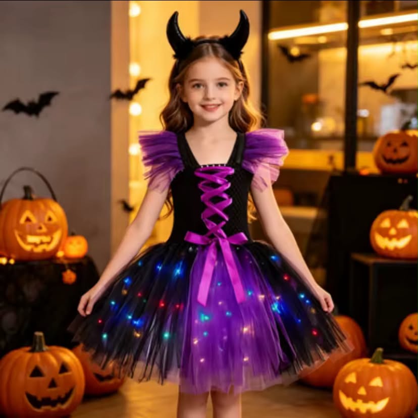 Purple Tulle Witch Puffy Dress with LED Lights for Kids,
