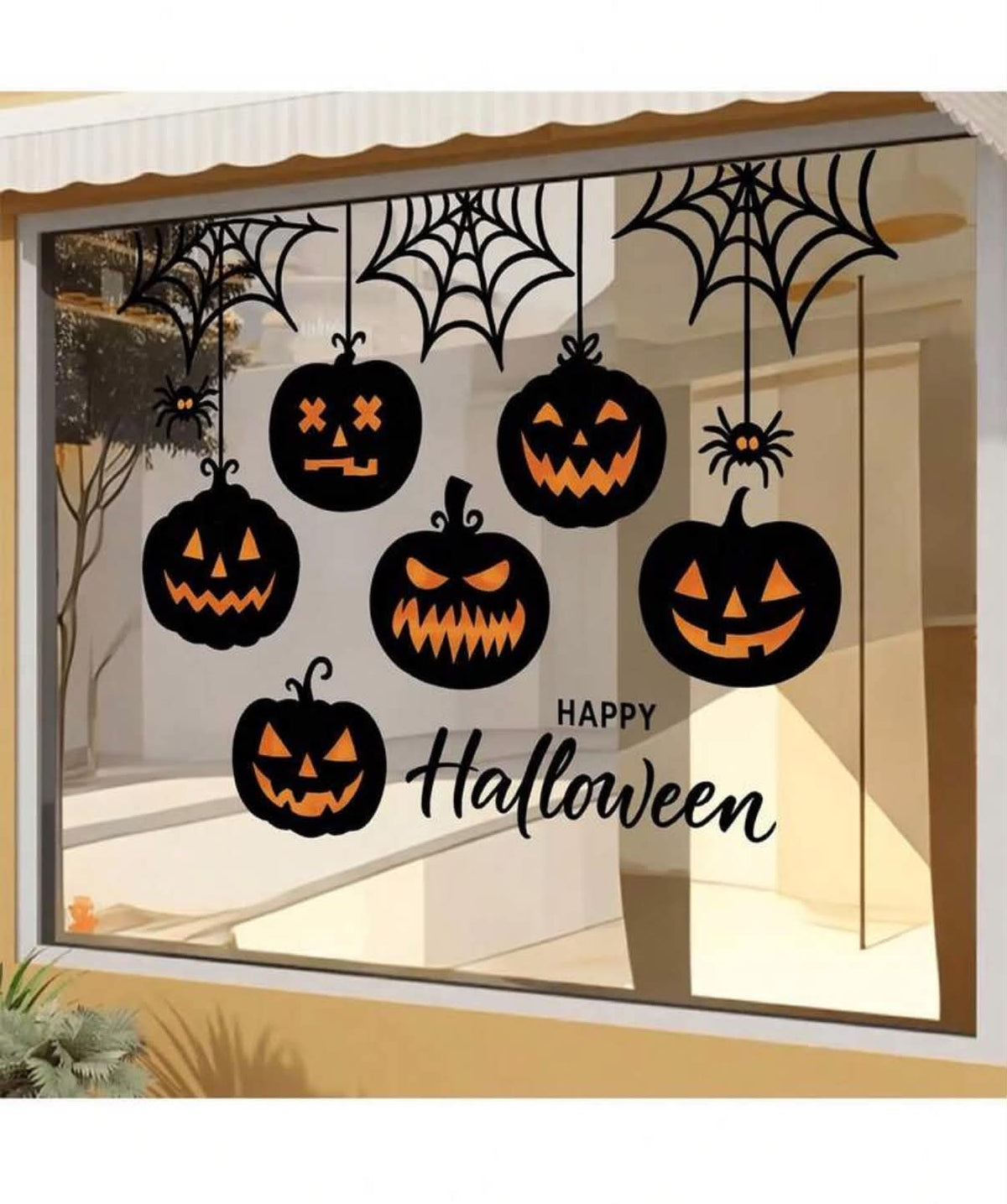 1pc Halloween Pumpkin Spider Web Static Window Sticker, Black Silhouette Jack-O'-Lantern Glue-Free Glass Decal,