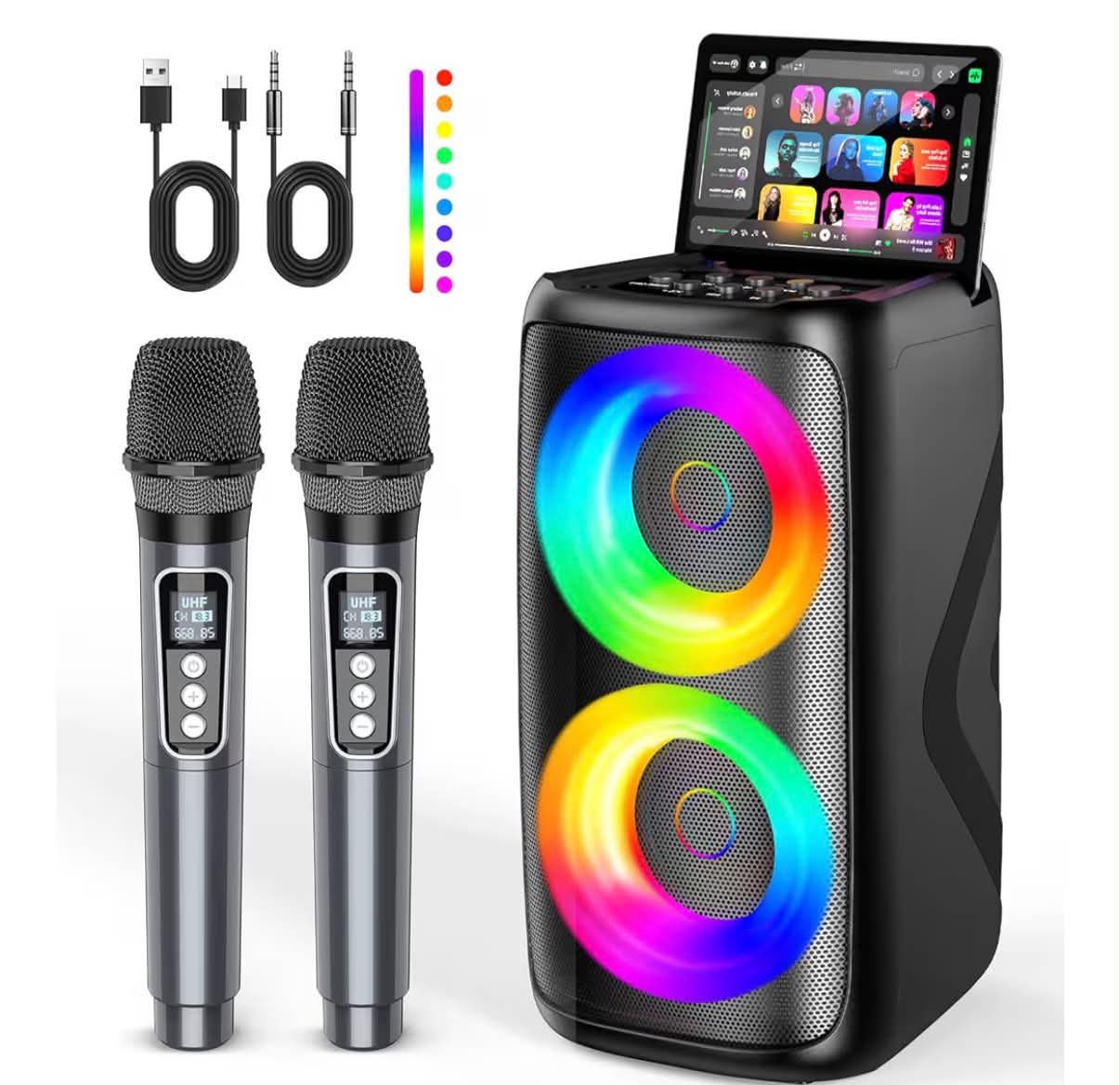 Dislocati Portable Bluetooth Karaoke Machine 2 Microphones:TWS Mode & LED Light, Vocal Removal,8+H Battery PA System Supports USB/TF/AUX