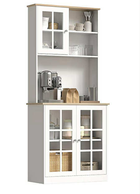 Freestanding Kitchen Cupboard, Storage Cabinet with Doors and Adjustable Shelves, Counter Top, Grid Glass Doors, 80L x 37W x 183H cm - White
