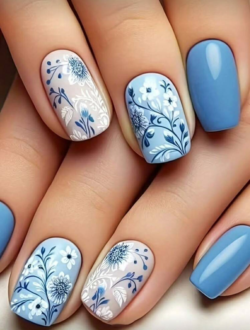 24pcs Medium Square Press-On Nail Stickers, Blue Floral Pattern, Glossy Finish