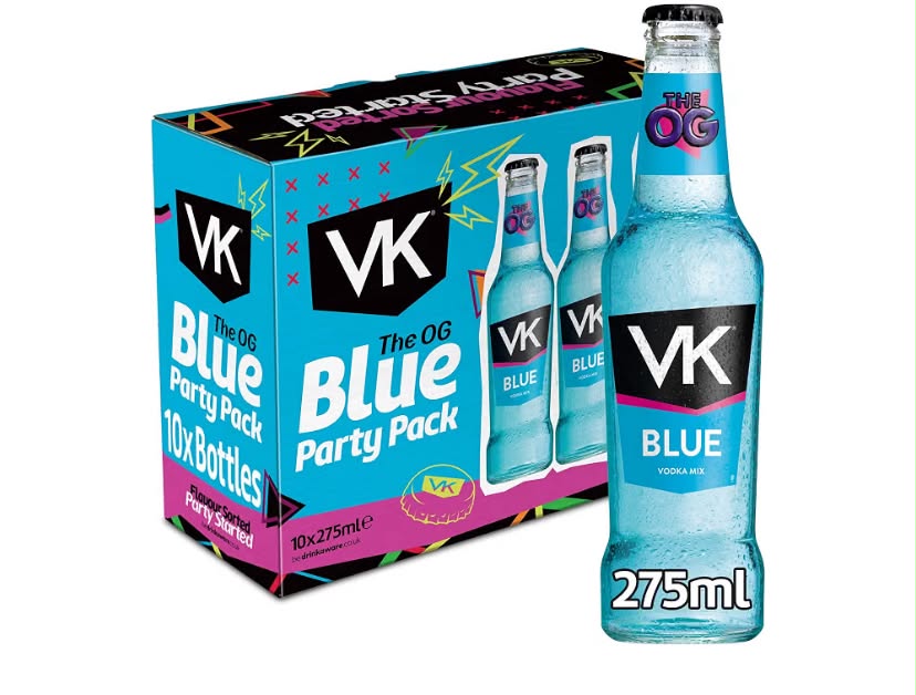 VK Blue Party Pack 10 x 275ml Multipack 3.4% abv Blue Alcopops Sparkling Vodka Drink Ready To Drink Alcoholic Mix Mixed Berry Party Drinks Pack Pre-mixed