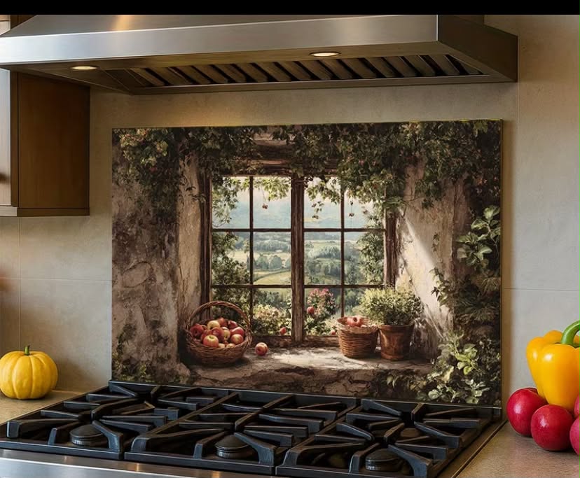 1 pc, Design Potted Plants on an Old Window with Time-Worn Patina, Storytelling Kitchen Wall Sticker – Easy to Apply, Durable & High-Quality Material. Perfect for Home Decor and Modern Interior Design (90.17×59.94 cm)
