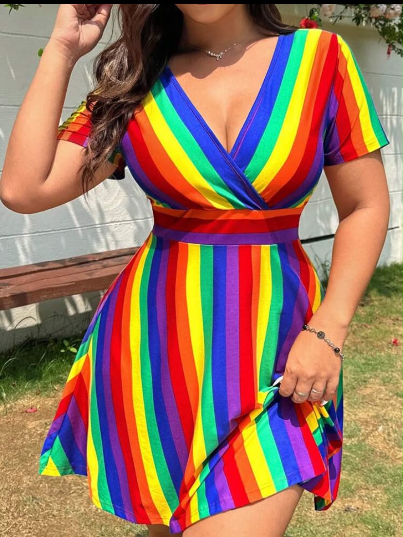 Plus Size Rainbow Striped Crossover Wrap Short Sleeve Casual Dress,Summer Outfits