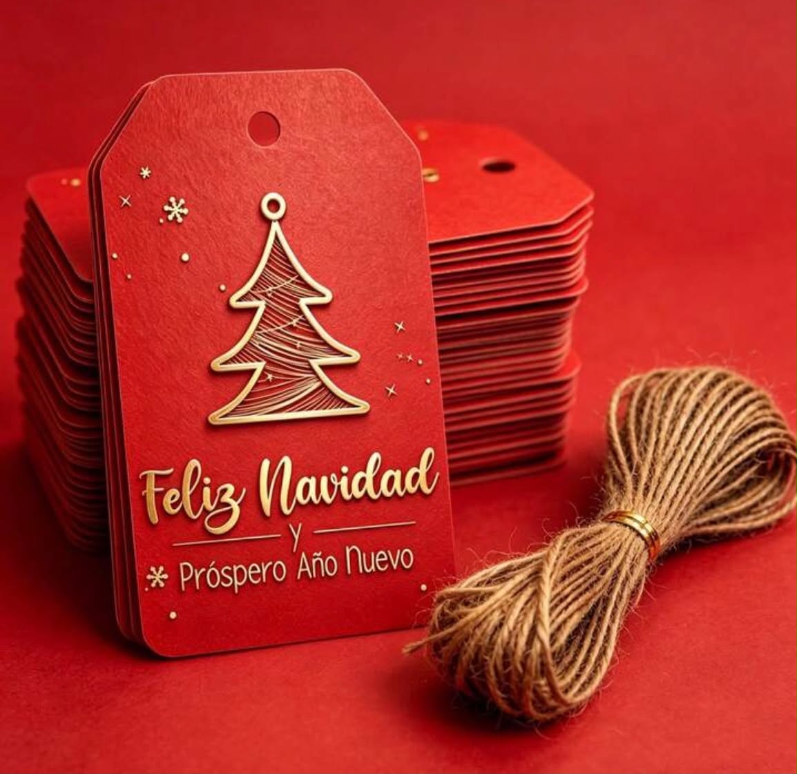 Red Background Gold Letter Spanish Christmas Tags, With Jute Rope, 2D Flat Card Latin