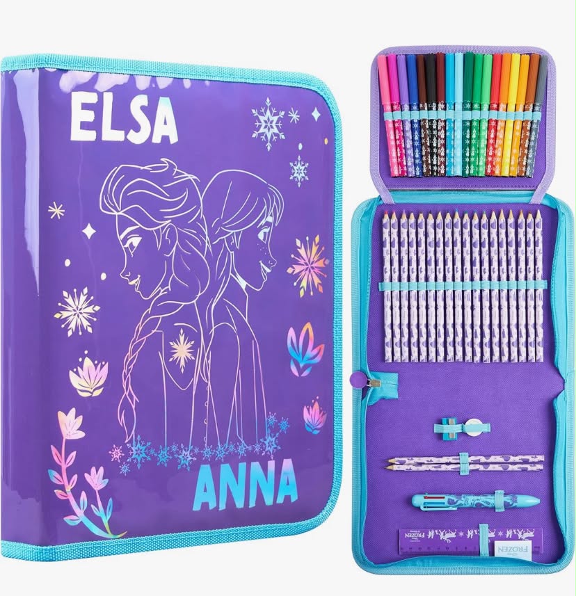 Disney Stitch Pencil Case for Girls Filled with School Supplies, Large Capacity Frozen Colouring Stationery Set for Kids Tweens, Gifts for Girls (Blue Stitch 1 Compartment)