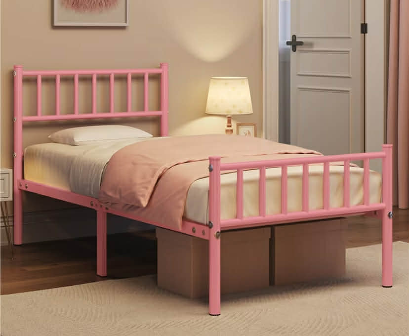 Costoffs Metal Bed Frame, Single/Double Size Bed Platform with Slatted Headboard and Footboard, Solid Slat Support, Large Storage Space, Easy Assembly Bed, Modern Mattress Foundation