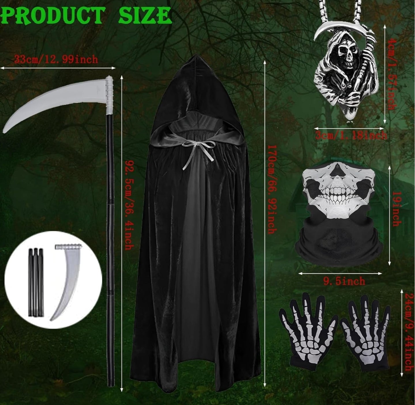 5 Pcs Grim Reaper Costume, Grim Reaper Cloak, Halloween Costumes Black Cloak Hooded Cape Scythe Skeleton Gloves Skeleton Mask Necklace Set for Cosplay Outfits Party Dress for Women Men