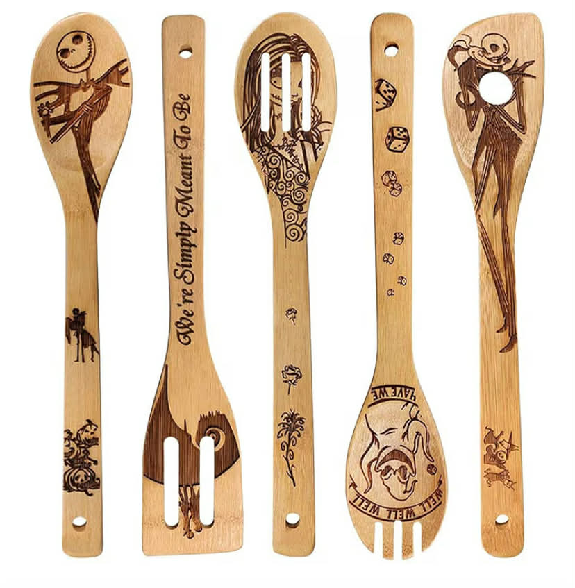 Jack Skellington Gifts - 5 PCS Wooden Spoon Set,Wooden Spatula for Cooking and Baking,Nightmare