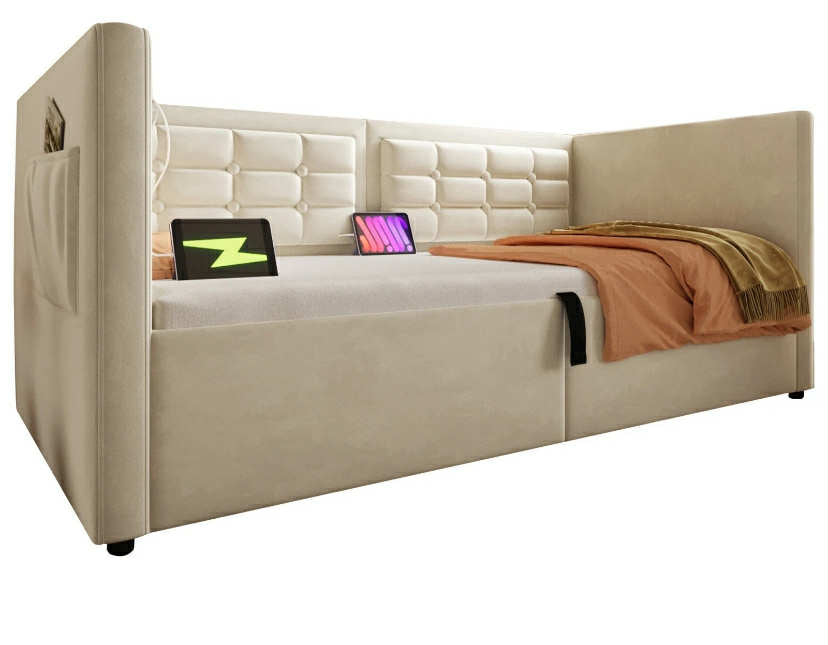 Daybed Upholstered Bed 3ft Single Sofa Bed with Storage, Velvet Beige, 90x190 cm