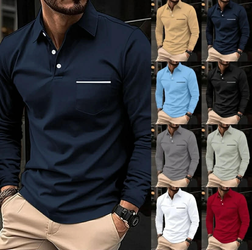 Mens Polo T-shirt 3 Button Neck Long Sleeve Shirts Casual Plain Slim Fit Tops
