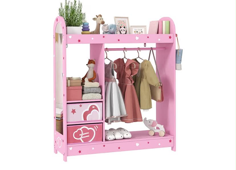 Kids Clothes Rail, Kids Wardrobe with Mirror, Shelves, Fabric Storage Boxes and Side Hooks, Children Dress up Storage for Girls Bedroom, Nursery, Pink