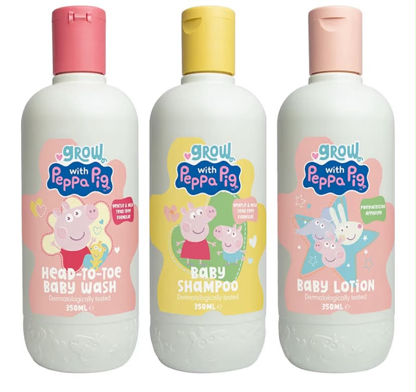 Peppa Pig Bathtime Bundle - 350ml x3 - Coconut & Grape Baby Wash, Peach & Oat Milk Kids Shampoo & Cashmere & Milk Fragrance Baby Lotion - Hypoallergenic & Dermatologically Approved