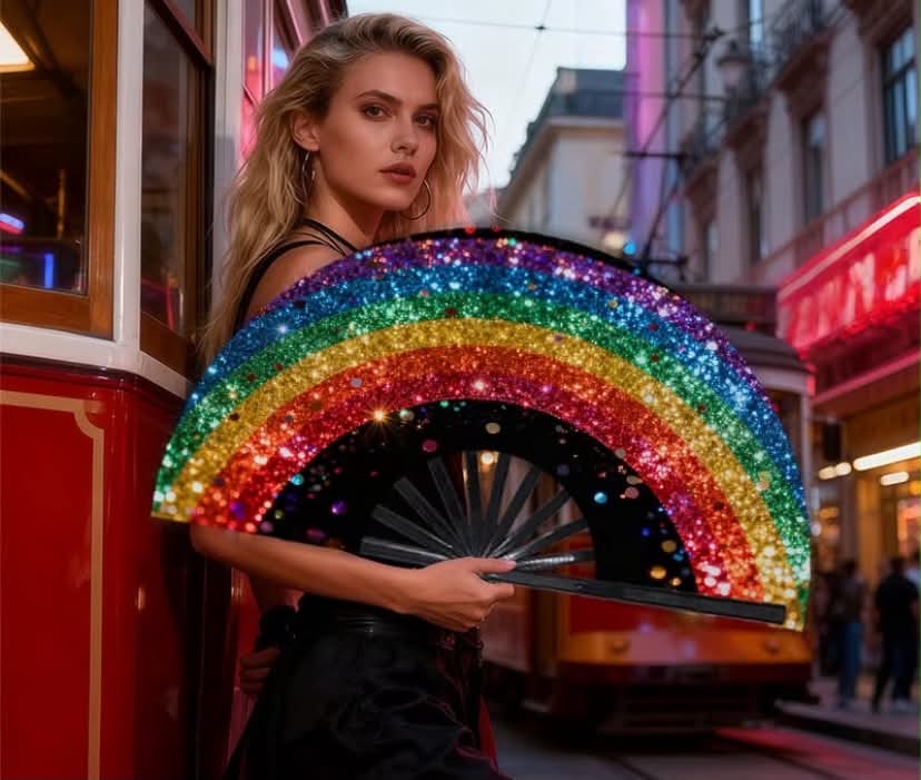 1pc Rainbow Handheld Fan, Polyester Folding Fan, Large Fan,