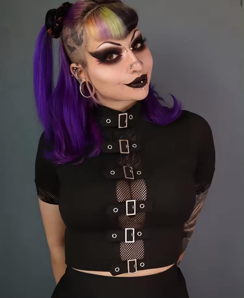 Plus Size Women's Gothic Dark Elegant Mesh Panel Cropped Top with Metallic Buttons & Chains