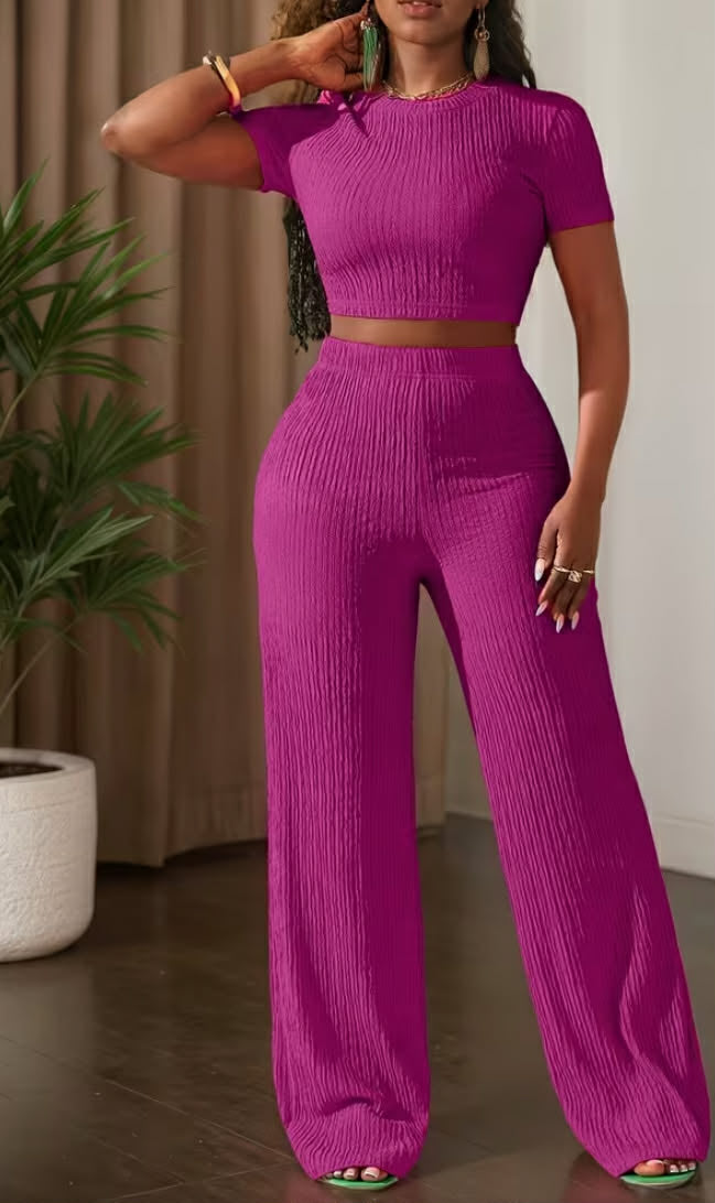 New Solid Color Short-Sleeve Top And Wide-Leg Pants Casual Outfi