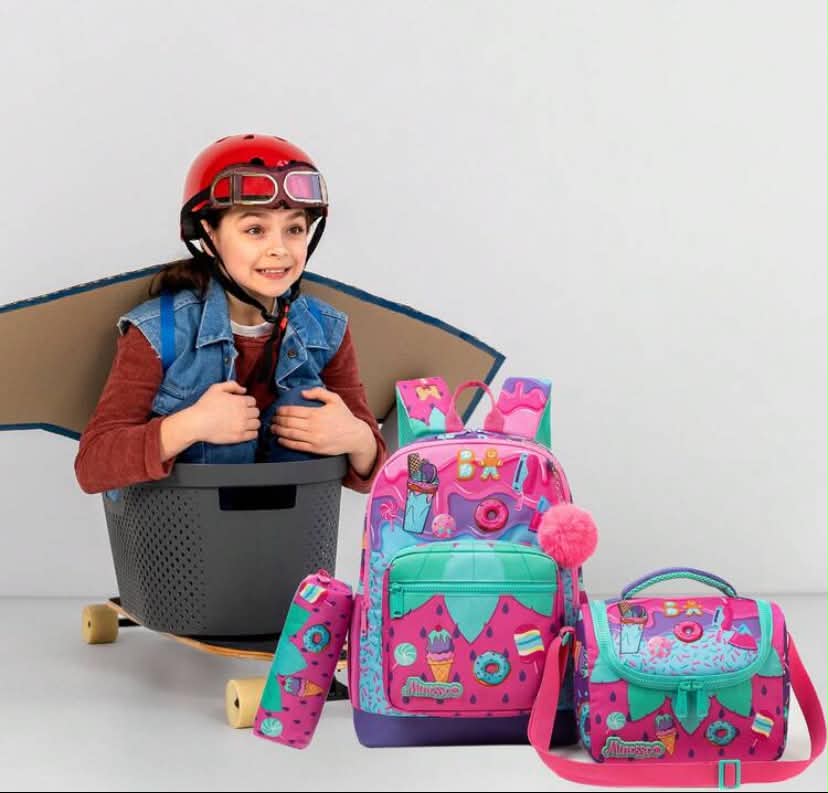 3 pcs Girls School Backpack Set, Pink Candy & Dessert Print Children's School Bag, Includes Lunch Bag And Pencil Case, Lightweight And Durable, Suitable For Elementary Students