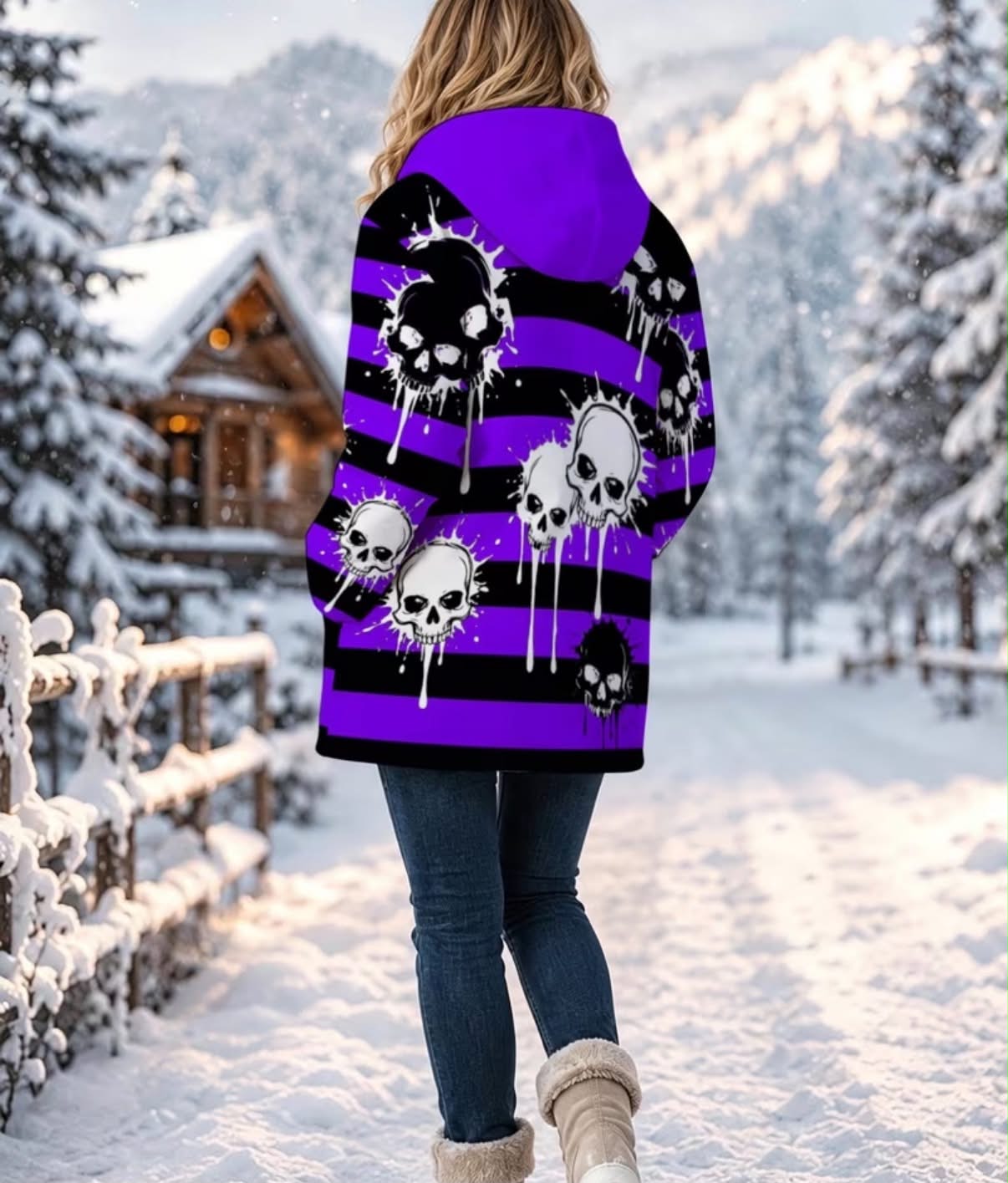 Womens Fleece-Lined Hooded Coat, Purple Black Striped Skull Print, Lightweight Warm Outerwear for Winter Outdoor, Cafe, Streetwear Use Polyester