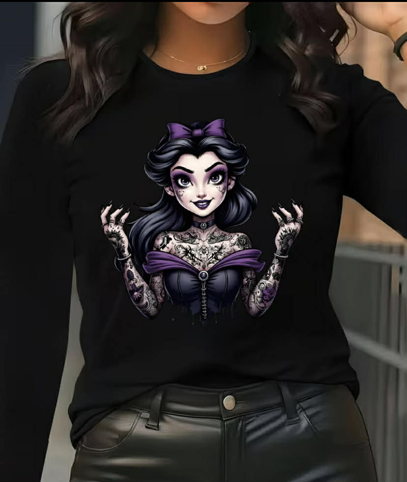 Gothic-Inspired Tattoo Oversized Crew Neck Tops for Fall, Available in Plus Sizes. Fashionable Basics for Women